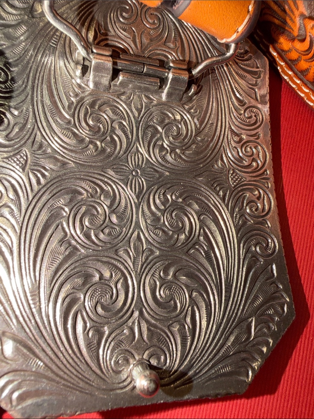 NWOT Ariat Brown Tooled Genuine Leather Belt with Silver & Gold Western Buckle - Picture 9 of 12